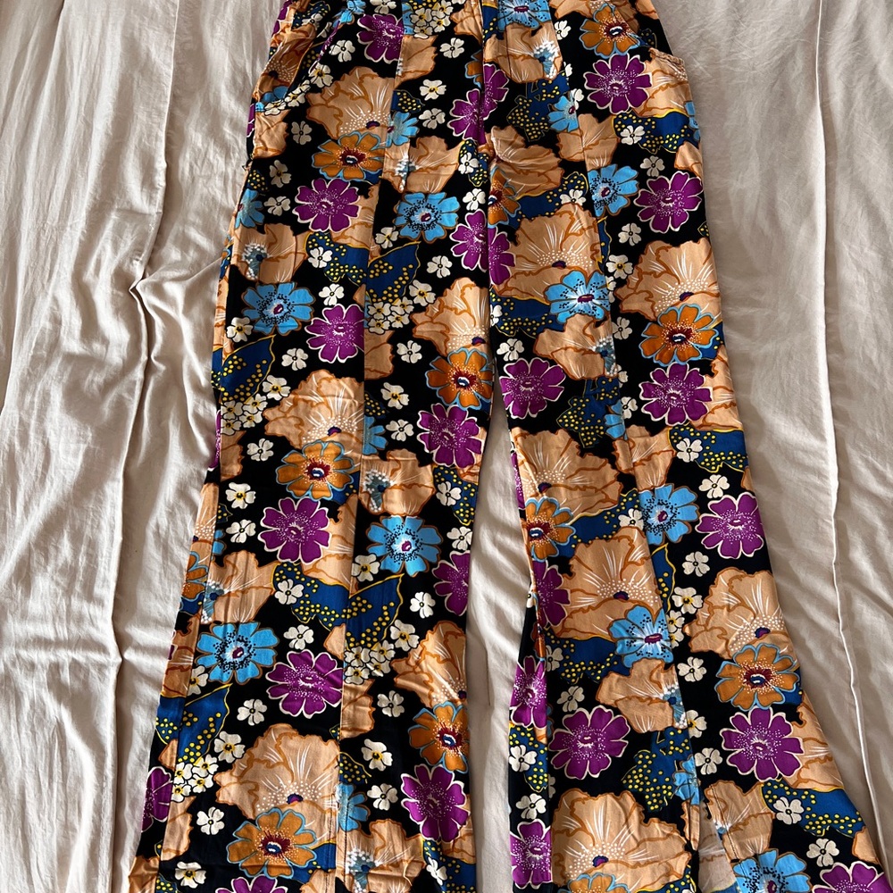 Floral Wide Leg Pants in Black, Blue, and Purple